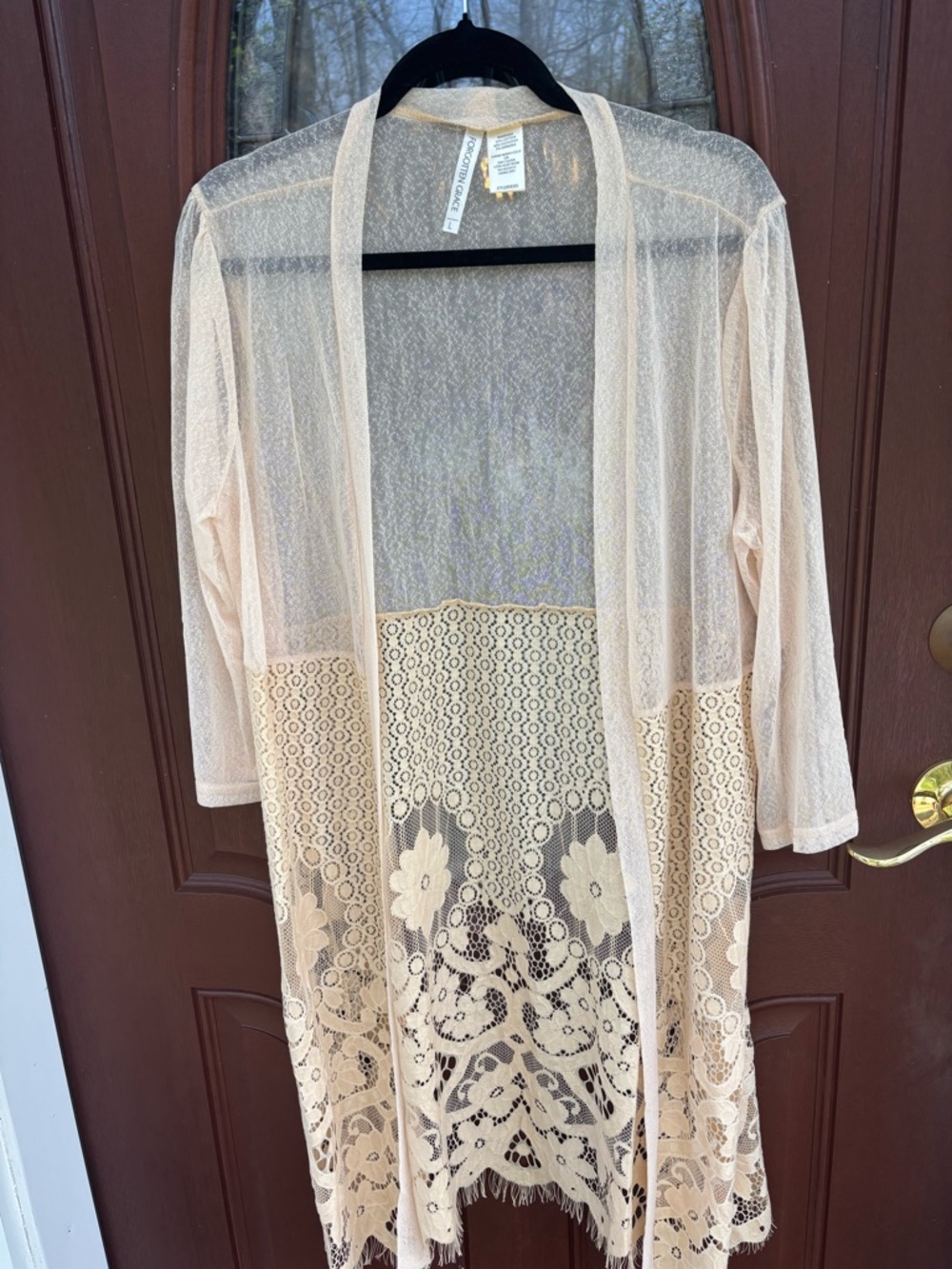 Sheer Lace Trim Duster Cardigan - Nude